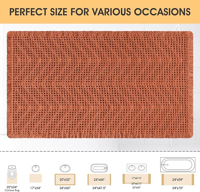 Upgrade Waffle Bath Mat, Boho Bathroom Rugs Absorbent Non Slip, Ultra Soft Bathroom Mat, Machine Washable Knit Bath Rugs with Herringbones for Bathroom, Bedroom, Kitchen, Tub, 36"x24", Burnt Orange