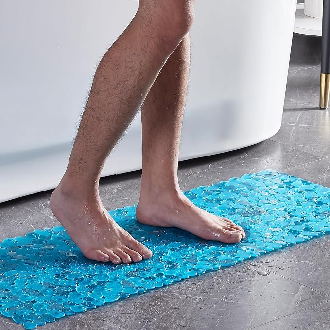 Webos Bath Shower Mat Non Slip: Extra Large Pebble Bathtub mat for Families, Anti Slip Shower Matt with Drain Holes Suction Cups Tub Mat - 16 X 40 Inch Clear Green