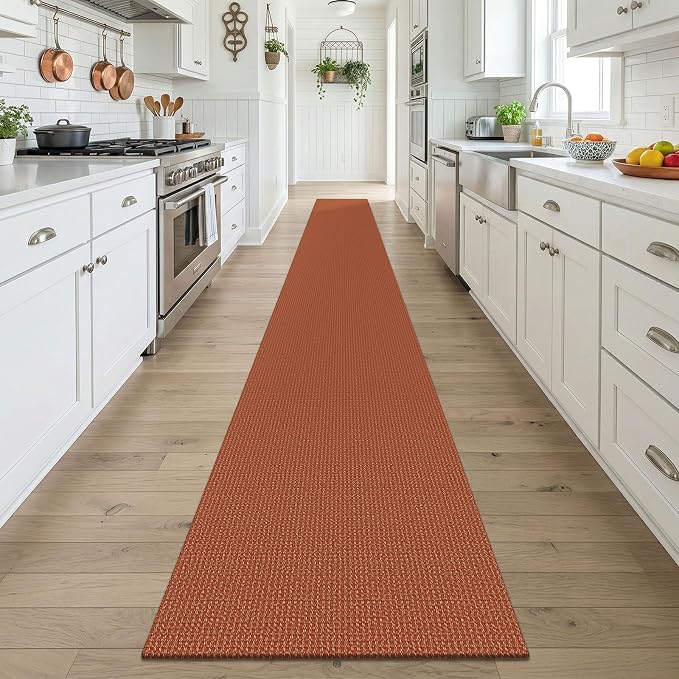 KOZYFLY Orange 2x18 Runners Rugs for Hallway, Extra Long Washable Runner Rug, Woven Non Slip Kitchen Runner, Cotton Entryway Rug, Floor Carpet for Entry, Aisle, Hall, Burnt Orange/Tan