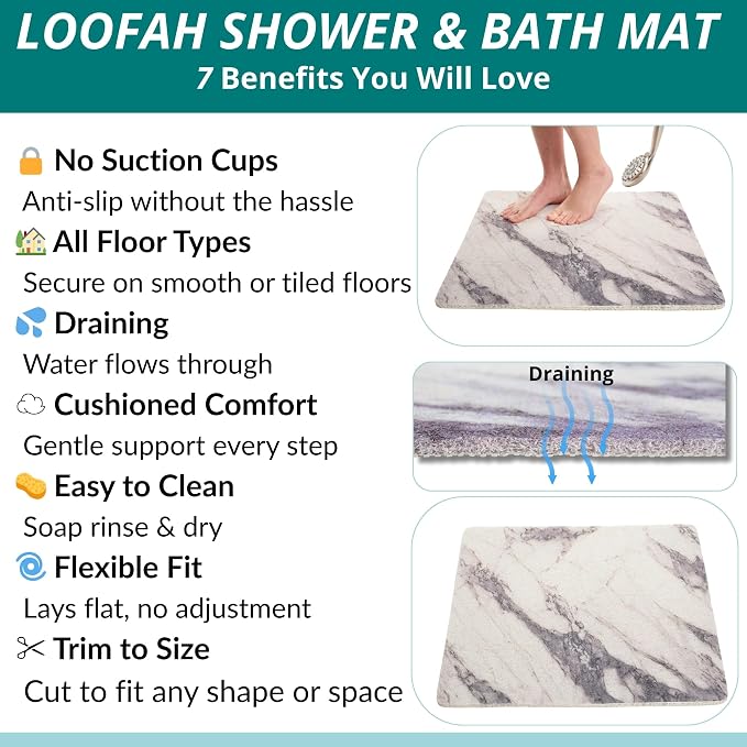 Enkosi Loofah Shower Mat Non Slip – Square Anti Slip Bath Mat for Inside Showers, Bathtub, Tub, Bathroom - Cushioned, Quick Dry PVC with Drain Holes - Secure Grip Safety Pad (Marble Grey 24x24)