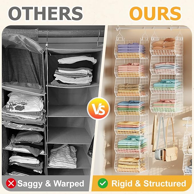 7 Tier Hanging Closet Organizer and Storage, Foldable Wire Closet Shelving with 4 Large Hooks+5 S Hooks,Hanging Basket for Clothes Sweaters Shoes Handbags,Wardrobe Kitchen Laundry Room-White