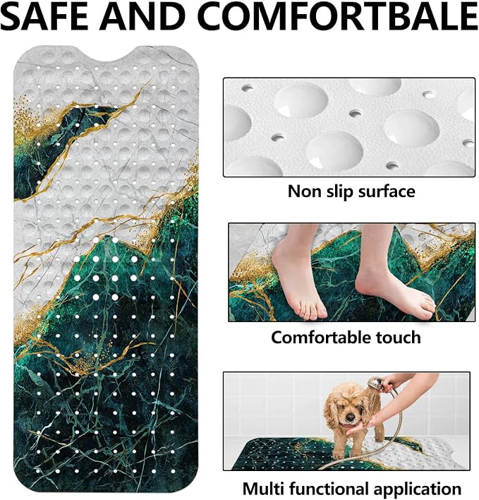 LNOND Marble Bath Tub Mat Non Slip, Extra Long 40 X 16 Inch Anti Slip Mat for Bathtub, Green and Gold Marble Shower Mat with Drain Holes and Suction Cups, Machine Washable