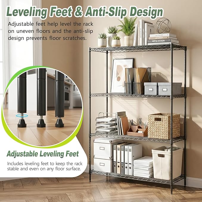 BestOffice 4-Tier Wire Shelving Unit, 1000 LBS Heavy Duty Metal Storage Shelves, Adjustable Wire Shelf for Garage, Kitchen, Pantry, Utility Shelving Rack with Leveling Feet, Black