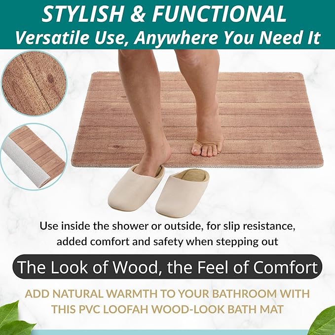 Enkosi Loofah Non-Slip Shower Mat - Shower Floors, Bathtub, Bathrooms, Wet Areas - Cushioned Bath Mat with Drain Holes - Quick Dry PVC, Secure Safety Pad Without Suction Cups (32x24 Teak Wood)
