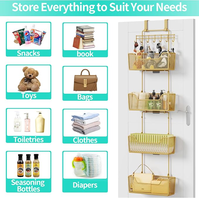 HapiRm Over The Door Organizer - Hanging Door Organizer with 4 Metal Large Capacity Baskets and Adjustable Coat Hook for Bathroom Bedroom Kitchen Pantry Closet Cabinet