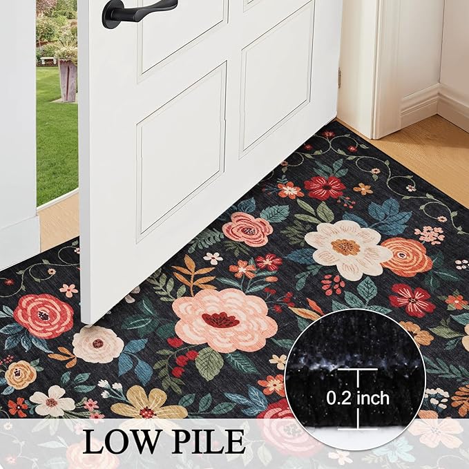 DUKINO Runner Rug, 2.6x8 Kitchen Rugs for Hallway with Non Slip Backing, Washable Low Pile Soft Boho Floral Runner Carpet for Hallway, Kitchen, Entryway, Laundry, Bedroom, Black