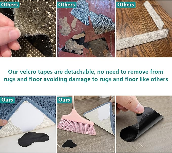 Large Size Grippers, Non Slip Washable Rug Tape Grip Carpet Corner, Hook and Loop Pads Non Curl Reusable Stoppers Keep Your Area Rug Flat on Hardwood Floors and Tiles (24)