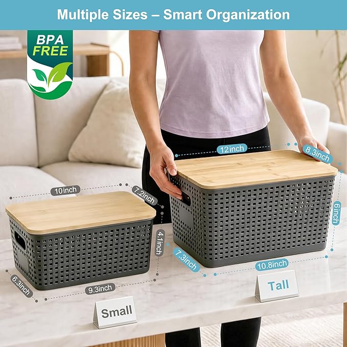 Bagnizer 2 Pack Tall Plastic Storage Bins with Bamboo Lids, 10.8qt Stackable Storages Baskets for Organizing Desktop Closet Playroom Classroom Office, 12"L x 8.3"W x 6.1"H, Gray