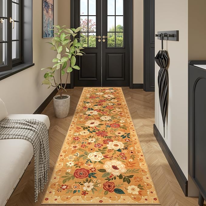 DUKINO Runner Rug for Hallway, 2.6x10 Washable Floral Long Kitchen Rug with Non Slip Backing, Lightweight & Stain Resistant Soft Runners for Indoor Entrance, Laundry, Living Room, Bedroom, Orange
