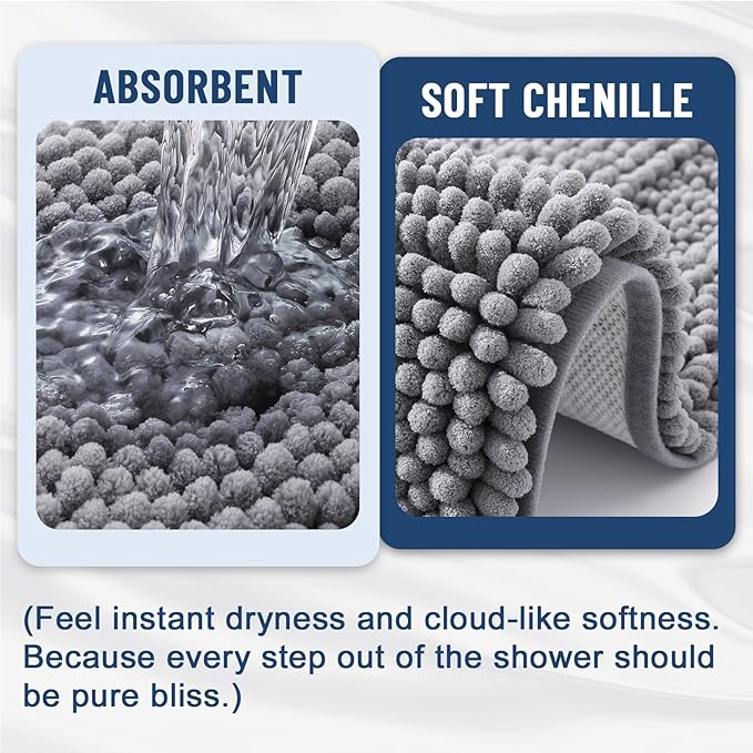 Grandaily Chenille Striped Bathroom Rugs 30x20, Extra Thick and Soft Absorbent Bath Mats, Rubber Backing, Plush Shaggy Shower Carpet, Machine Wash Dry, Bath Rug for Bathroom, Grey
