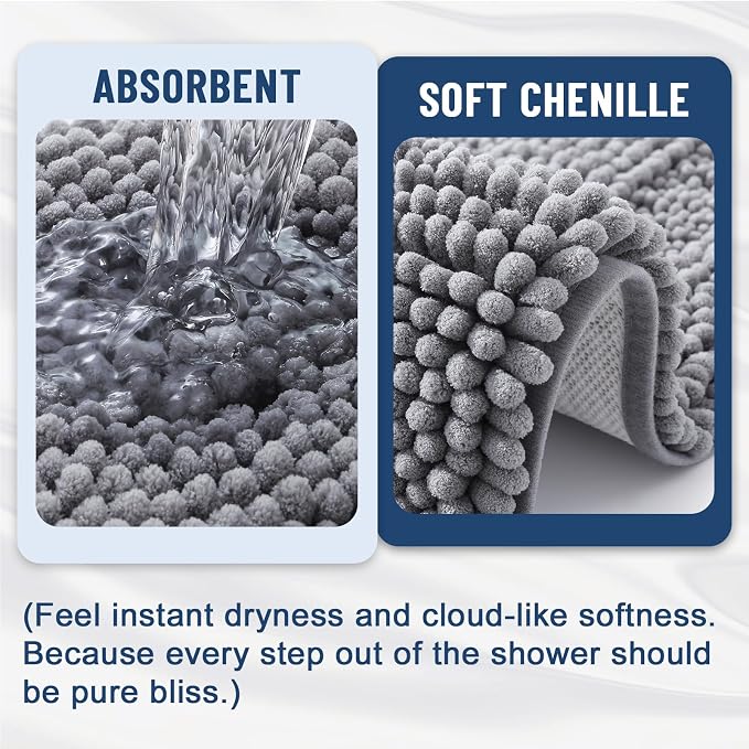 Grandaily Chenille Striped Bathroom Rugs 47x17, Extra Thick and Soft Absorbent Bath Mats, Rubber Backing, Plush Shaggy Shower Carpet, Machine Wash Dry, Bath Rug for Bathroom, Grey
