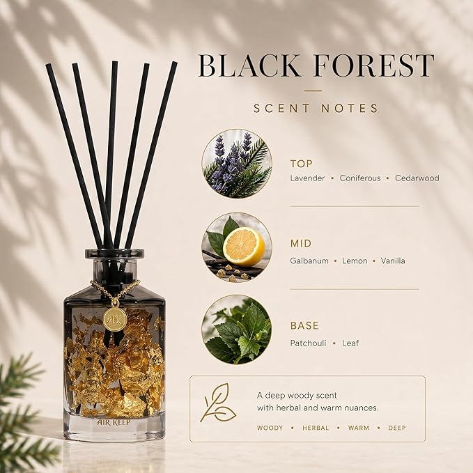 Airkeep Reed Diffuser Set,Black Forest Luxury Scented Diffuser with Sticks Long Lasting Home Fragrance for Bathroom Shelf Decor 6.09 fl oz (180ml)