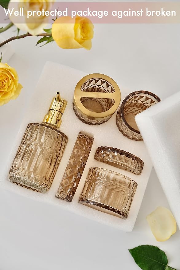 LaMarriti Brown Bathroom Accessories Set, 5Pcs Glass Bathroom Set, Soap Dispenser and Toothbrush Holder Set, Soap Dish, Qtips Holder, Tumbler for Crystal Vintage Bathroom Decor