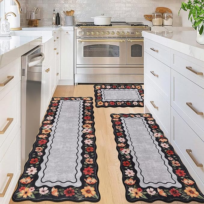 Vaukki Boho Kitchen Rug Sets 3 Pieces, Washable Kitchen Mats for Floor, Non Slip Soft Kitchen Area Rug Floor Mat for Kitchen, Laundry Room and Hallway (Flower-Black, 20''x32''+20''x47''+20''x59'')
