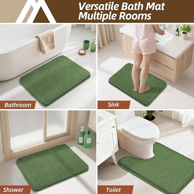 COSY HOMEER Toilet Rugs U-Shaped 24"x20",Soft Absorbent Bath Mat with Non-Slip TPR Backing, Machine Washable Shaggy Bath Rug for Toilet,Green