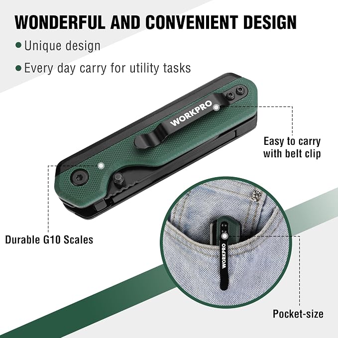 WORKPRO 2-in-1 Folding Knife/Utility Knife, Quick-Change Box Cutter with Belt Clip, Liner Lock, and G10 Handle, Extra 10 SK5 Blades Included, Green