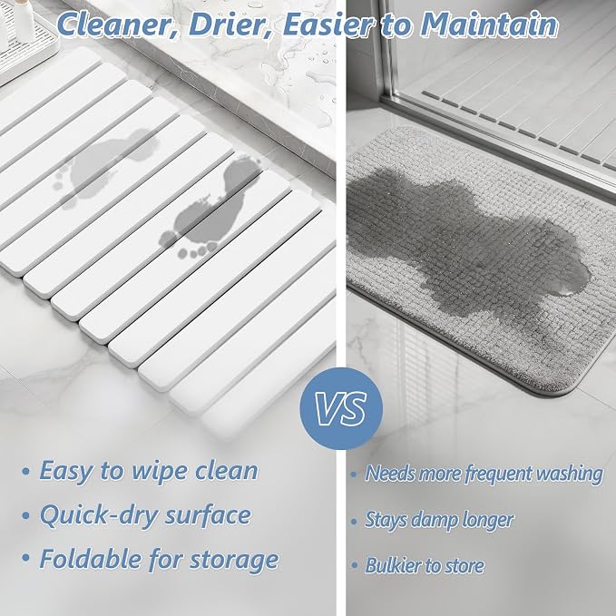 AWW Foldable Stone Bath Mat, Quick Dry Diatomaceous Earth Bath Mat with Non-Slip Mat, Super Absorbent, Easy to Clean, Compact for Small Bathrooms, 31.5 x 15.7, White