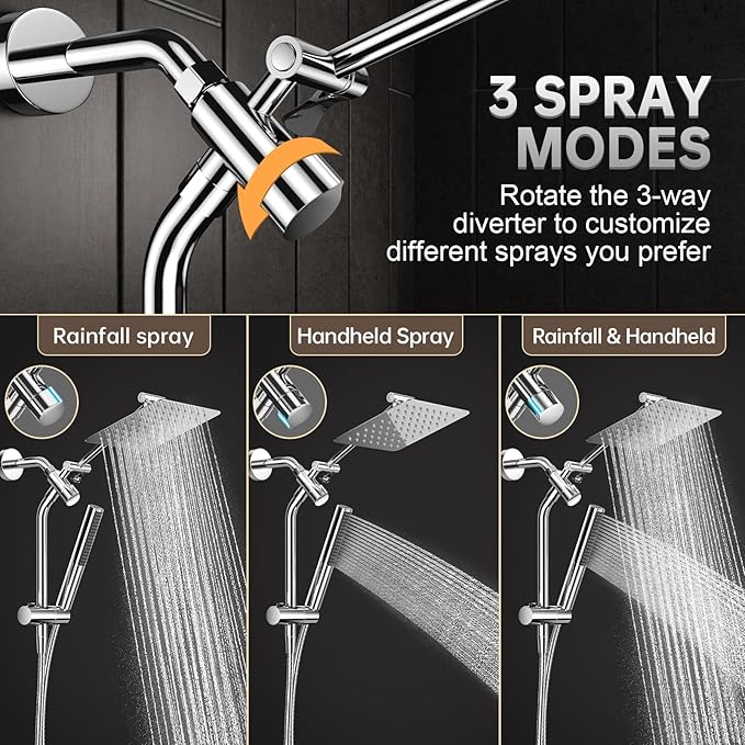 Veken All Metal Shower Head with Handheld, Luxurious Square Spa-like Double Rain Shower Heads,Power Wash Wand,Dual High Pressure Detachable 8" Small Rainfall Showerhead with Spray Combo,Chrome,Sliver