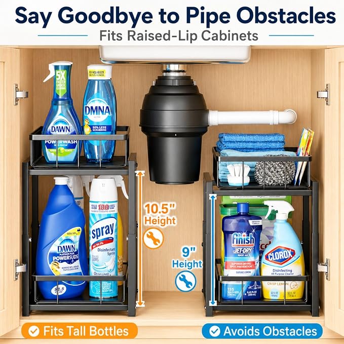 iSPECLE Under Kitchen Sink Organizer - 2 Tier Pull Out Under Sink Storage for Centered Garbage Disposal, Reach Back Items Easily Adjustable Shelf Height Heavy Duty H-Frame for Bathroom Sink Bases