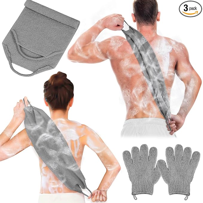 Anezus Exfoliating Back Scrubber Bath Gloves Set, Exfoliating Shower Towel with Shower Gloves for Body Scrub, Back Cleaner Wash Gloves to Remove Dead Skin (Grey)