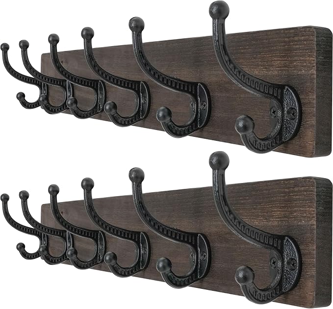 WEBI Rustic Coat Rack Wall Mount,24" Long 6 Cast Iron Coat Hooks Wall Mounted,Heavy Duty Wood Wall Coat Hanger Hooks for Hanging Coats,Jacket,Clothes,Backpack,Farmhouse,Weathered Brown,2 Packs