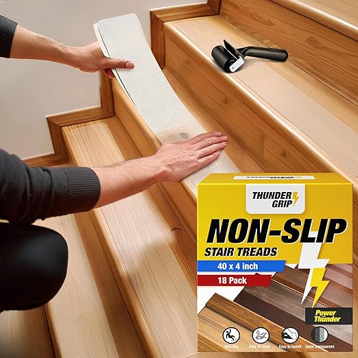 Clear Stair Treads Non-Slip 40"x4" - 18-Pack Indoor Stair Grips Non Slip for Wooden Steps - Anti Slip Adhesive Strips for Dogs & Elderly - Staircase Step Treads - Transparent Treads for Wood Stairs