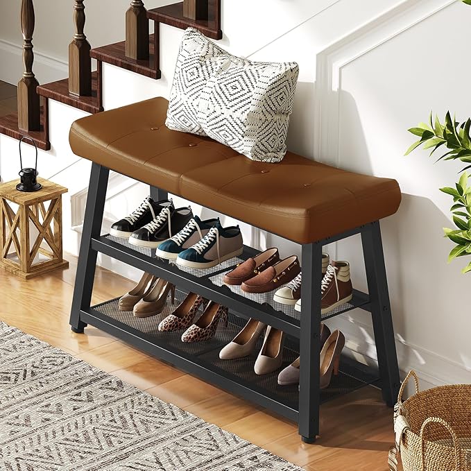 YATINEY Shoe Bench, 3-Tier Shoe Rack, Entryway Bench with Storage and Cushion, for Hallway, Foyer, Bedroom, Brown and Black HX02BV
