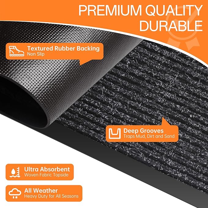 Indoor Outdoor Door Mat, 5’ x 4' Doormat for Entryway, Rubber Backing Non Slip Front Door Mat Outside Entrance, Super Absorbent Commercial Floor Mat for Home Office Black