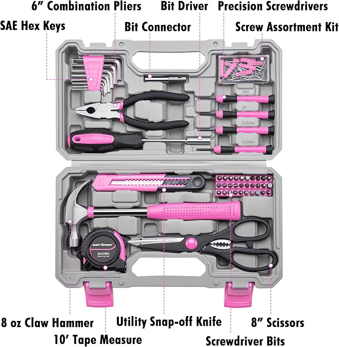 CARTMAN Home Tool Set Kit, Basic Household Hand Tools with Storage Case Light Pink