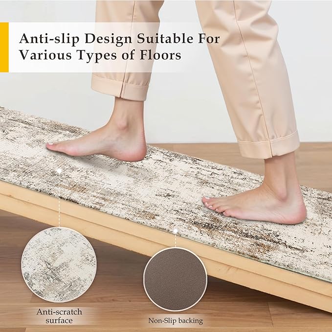 Kitchen Mats for Floor Set of 2 Anti Fatigue Waterproof Kitchen Rug Brown Grey Abstract Cushioned Non-Slip Kitchen Mats Comfort Standing Neutral Mat for Sink Laundry Office 17.3"×47"+17.3"×30"