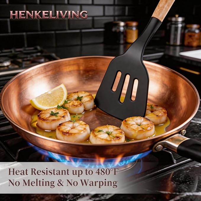 Silicone 10 Pcs Kitchen Cooking Utensils Set, Recycled Materials Certification, BPA Free Spatula Set with Heat Resistant Wood Handles for Nonstick Cookware, Black