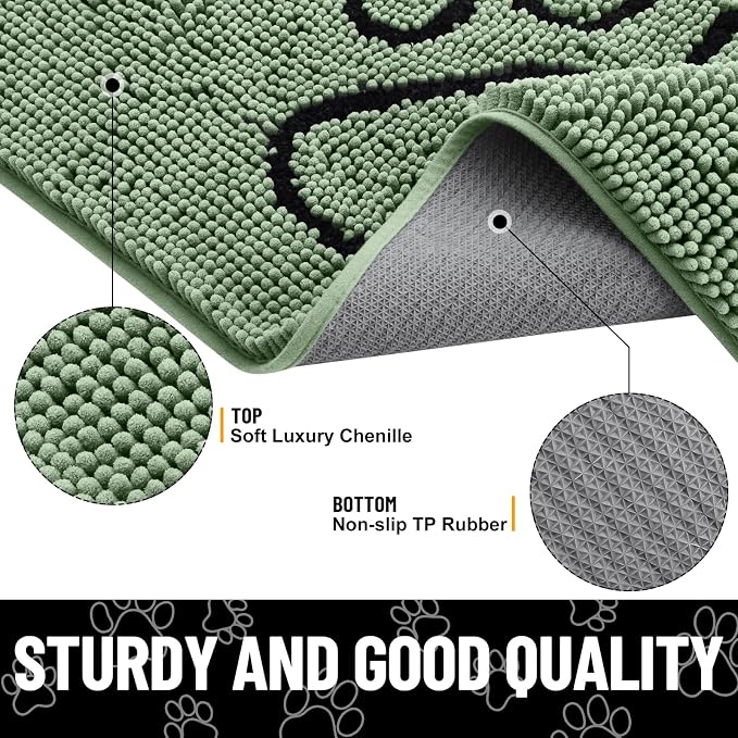 Smiry Dog Door Mat for Muddy Paws, Absorbent Dirt Trapper Non Slip Quick Dry Washable Chenille Mat for Mud Dogs, Entry Rug for Indoor and Outdoor (48x30 Inches, Olive Green and Black)
