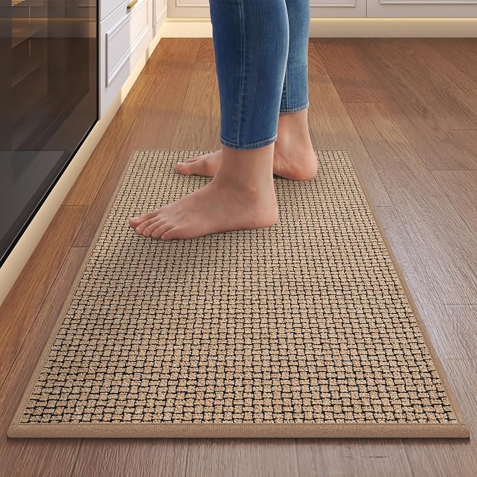 Kitchen Rugs and Mat Non Slip Washable, Super Absorbent Kitchen Mats for Floor, Rubber Backing Soft Braided Standing Kitchen Sink Mat Kitchen Runner, Front of Sink, Easy Clean, Khaki 17"x30"