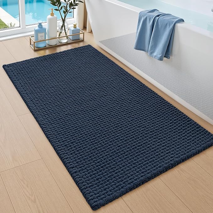 DEXI Bathroom Rugs 43x24, Non Slip Washable Bath Mat, Absorbent Chenille Bathmat, Ultra Soft Thick Carpet for Tub Shower Floor, Navy