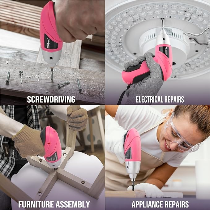 Hi-Spec Cordless Electric Screwdriver, Power Screw Driver Set with Pink Compact Tool Kit for Small Repair and Maintenance- Ideal Housewarming Gift,19 Piece