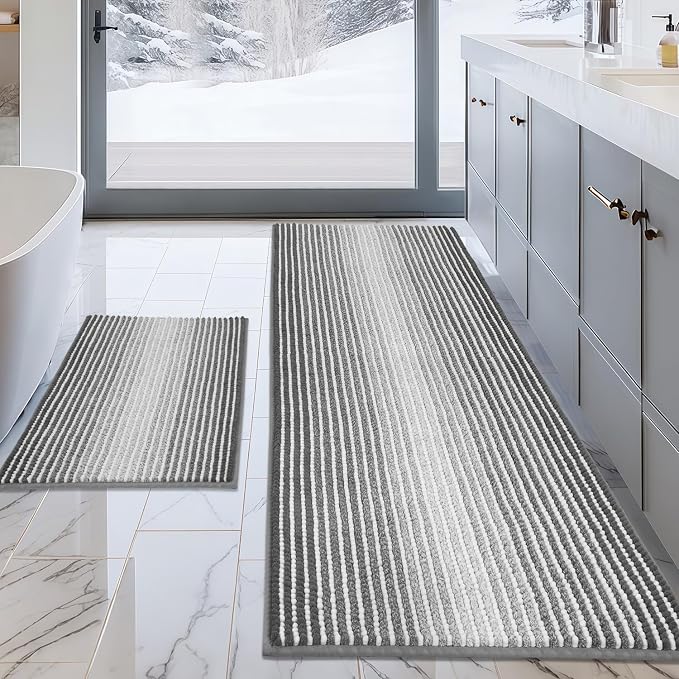 BSICPRO Bathroom Rugs and Mats Sets, 2 Piece Thick Absorbent Chenille Bath Mat Rug Set Non Slip, Soft Shaggy Bath Room Floor Mats for Bathroom, Machine Washable (Gray, 24" x 70" Plus 20" x 32")
