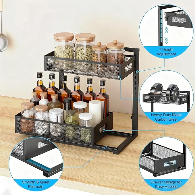 Under Sink Organizer, Adjustable Height 2 Tier Under Sink Organizers and Storage Multi-Purpose Under Sink Storage for Bathroom Kitchen