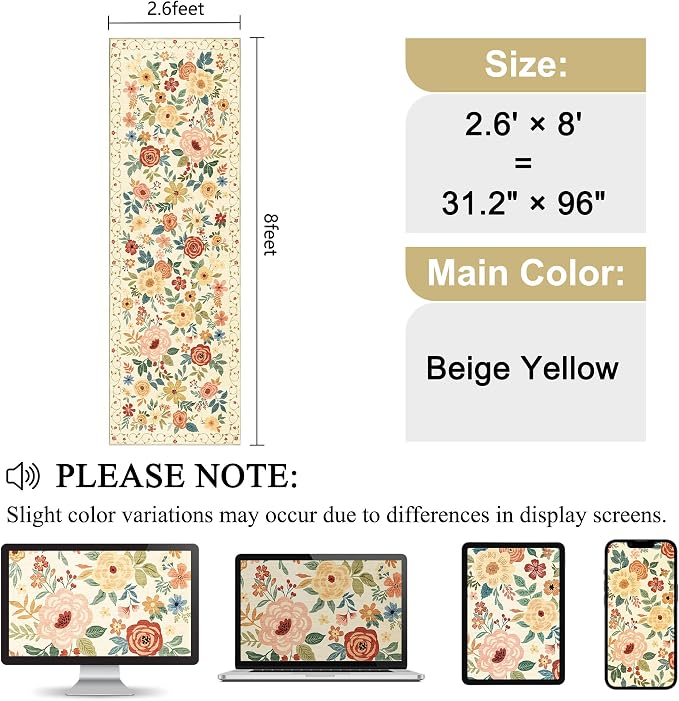 DUKINO Runner Rug, 2.6x8 Kitchen Rug for Hallway with Non Slip Backing, Washable Low Pile Soft Boho Floral Runner Carpet for Hallway, Kitchen, Entryway, Laundry, Bedroom, Beige Yellow