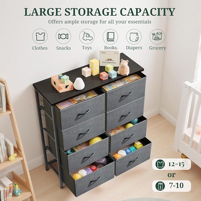8-Drawer Dresser for Bedroom, Anti-Tip Tall Storage Organizer Chest of Drawers with Wooden Top and Metal Frame Fabric Bins for Closet, Living Room, Hallway, Entryway, Gray