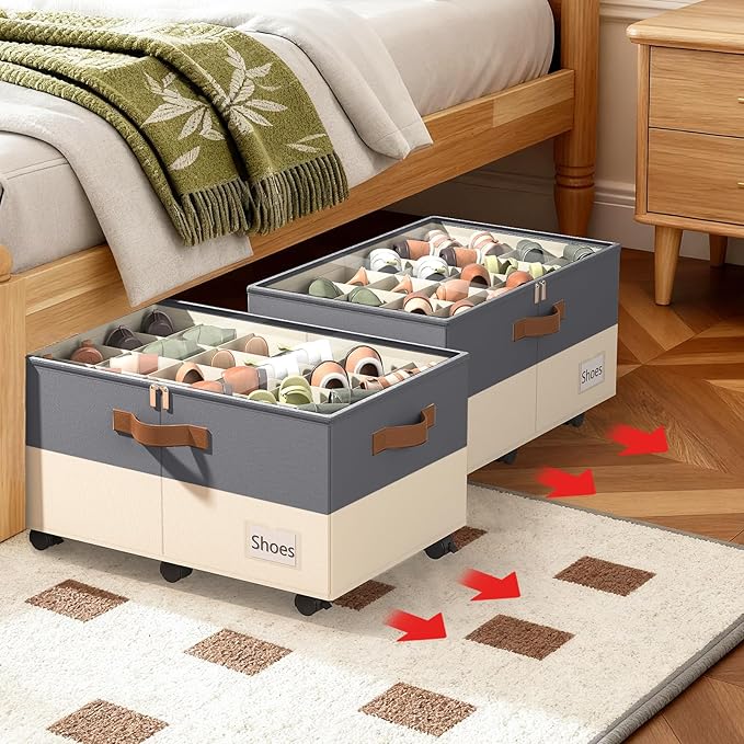 Foyego Shoe Organizer for Closet, Shoe Storage Organizer with Wheels and Adjustable Dividers, Stackable Shoe Storage Box with Clear Cover, Closet Shoe Organizer Fits up to 24-48 Pairs, Gray and Beige