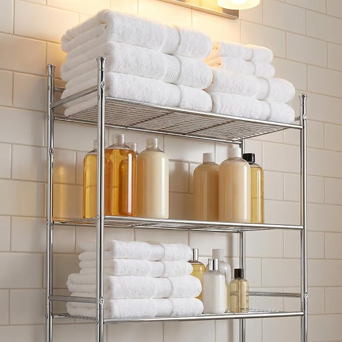 Honey-Can-Do 3-Tier Metal Bathroom Shelf Space Saver, Over The Toilet Storage Rack Organizer, Adjustable Chrome Wire Shelving Unit for Towels & Toiletries, 9.5 x 23 x 60 in