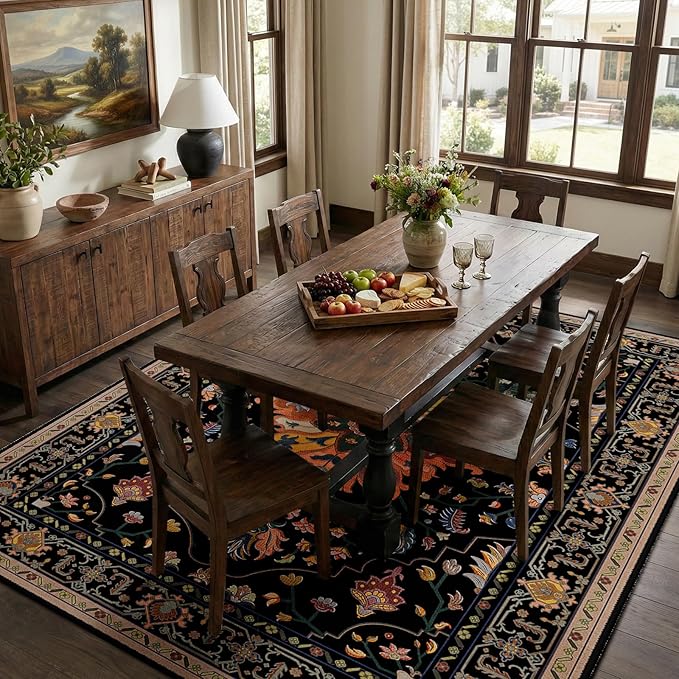 RELEANY Area Rugs 7'x9' Washable Non-Slip, Floral Vintage Distress Medallion Carpet for Living Room Bedroom Dining Room, Black Colorful Floral Dark Tan