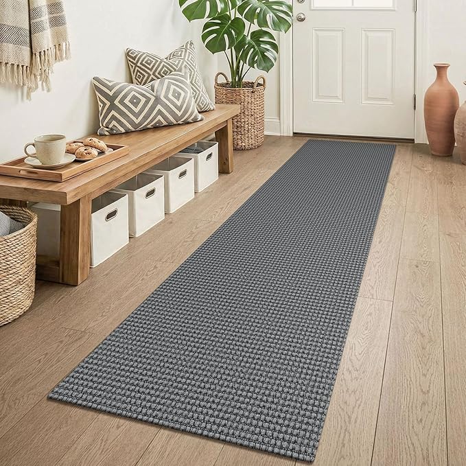 KOZYFLY Runners for Hallways 2x6 ft Washable Kitchen Runner Non Slip Rubber Backed Hall Runners Cotton Entryway Runner Rugs Floor Carpet for Indoor Backdoor Bedroom Kitchen, Grey/Dark Grey