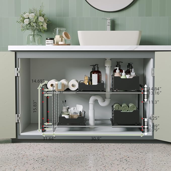 NETEL Adjustable Under Sink Organizers and Storage,Expandable Cabinet Storage Shelf with 4 Pull Out Baskets