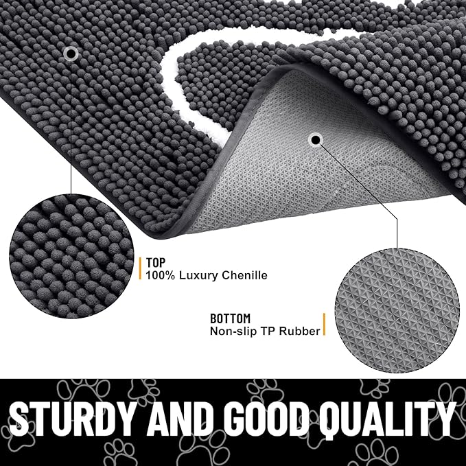 Smiry Dog Door Mat for Muddy Paws, Absorbent Dirt Trapper Non Slip Quick Dry Washable Chenille Mat for Mud Dogs, Entry Rug for Indoor and Outdoor (71x46 Inches, Dark Grey and White)