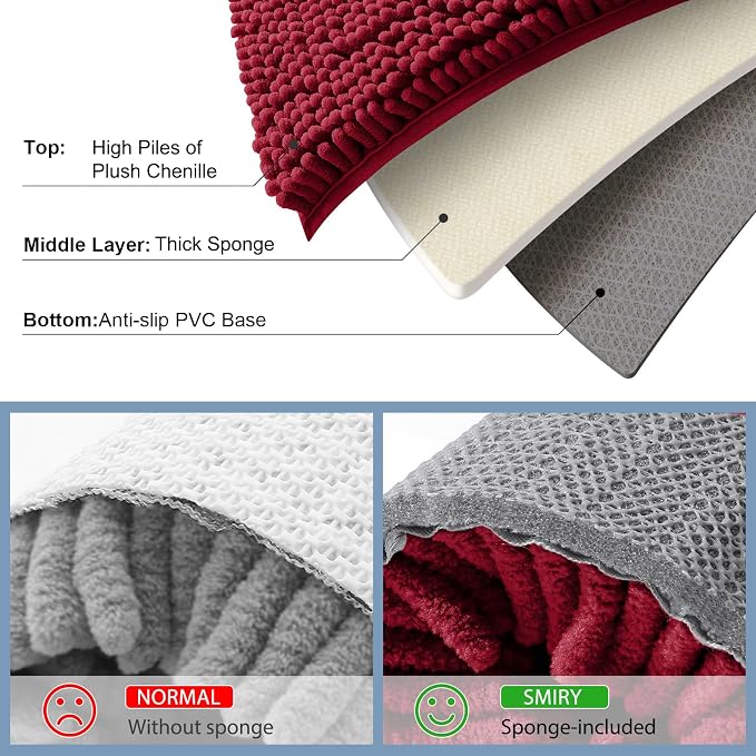 Smiry Luxury Chenille Toilet Rugs U-Shaped 20x20, Soft Absorbent Non-Slip Contour Bathroom Rugs for Toilet, Machine Washable Contoured Bath Mats, Red