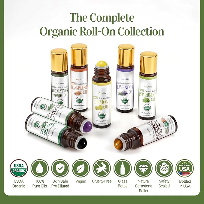 Peppermint Essential Oil Roll On for Nausea Relief Morning Sickness Pregnancy - 100% Pure USDA Organic MCT Coconut Oil - Headache Migraine Pregnant Women Safe Cooling - Gemstone Roller 10ml Travel