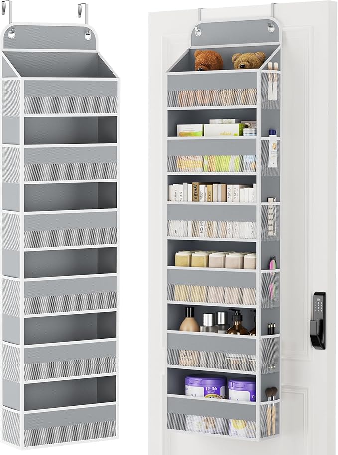 Yecaye Over Door Organizer, 60 lbs Load Capacity, Metal Hanging Storage with 6 Shelves for Toys, Bathroom, Nursery, Dorm Room, Grey,1Pc
