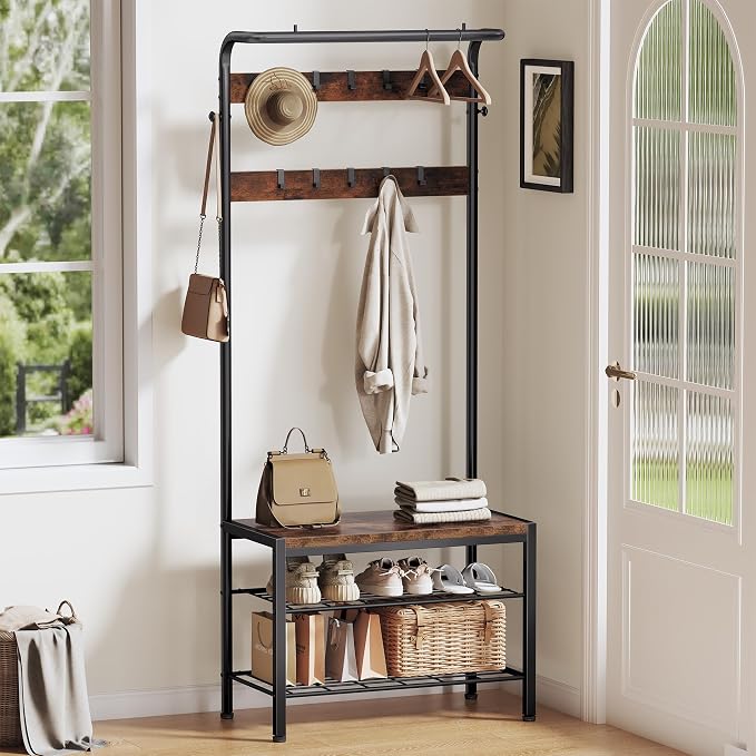 Hall Tree with Bench and Shoe Storage, 4-in-1 Entryway Organizer with 10 Hooks and Storage Shelf,Coat Rack Freestanding with 2-Tier Storage Shelf for Living Room, Deep Rustic