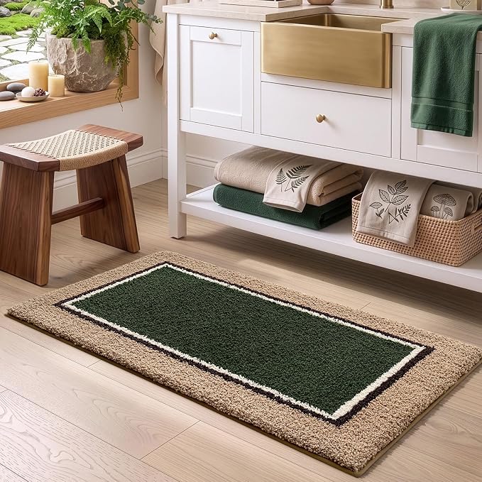 DEXI Bathroom Rugs 24x16, Absorbent Extra Soft Plush Microfiber Bath Mat for Bathroom, Non Slip Washable Bathmat Quick Dry for Shower Floor, Sink, Tub, Laundry Room, Beige and Green